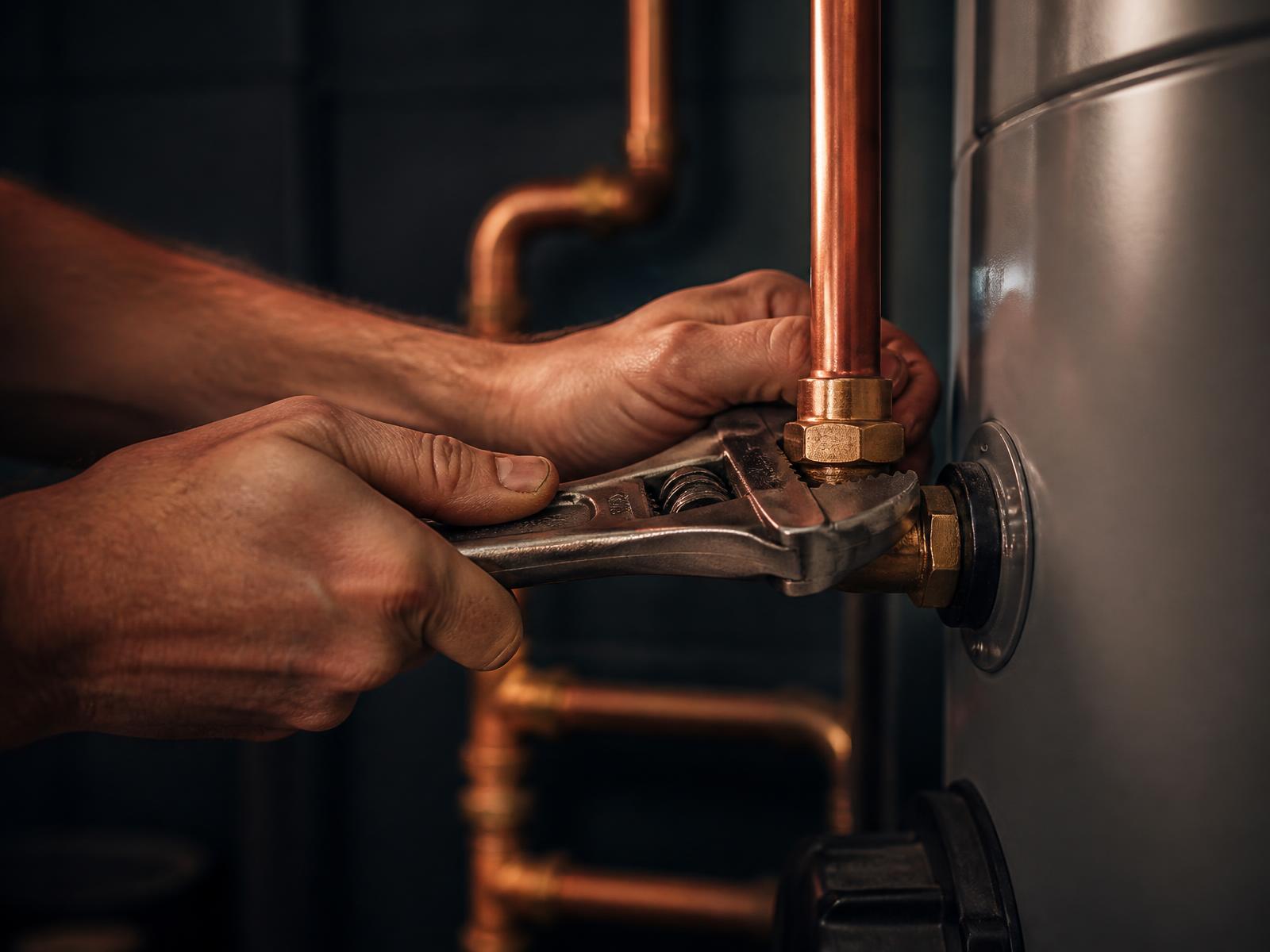 Plumber tightening a copper fitting on a water heater