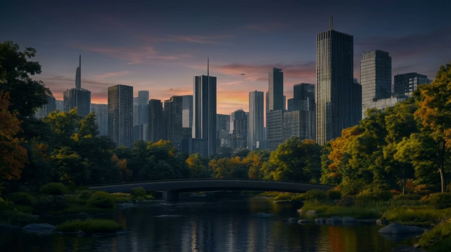 City skyline at sunset